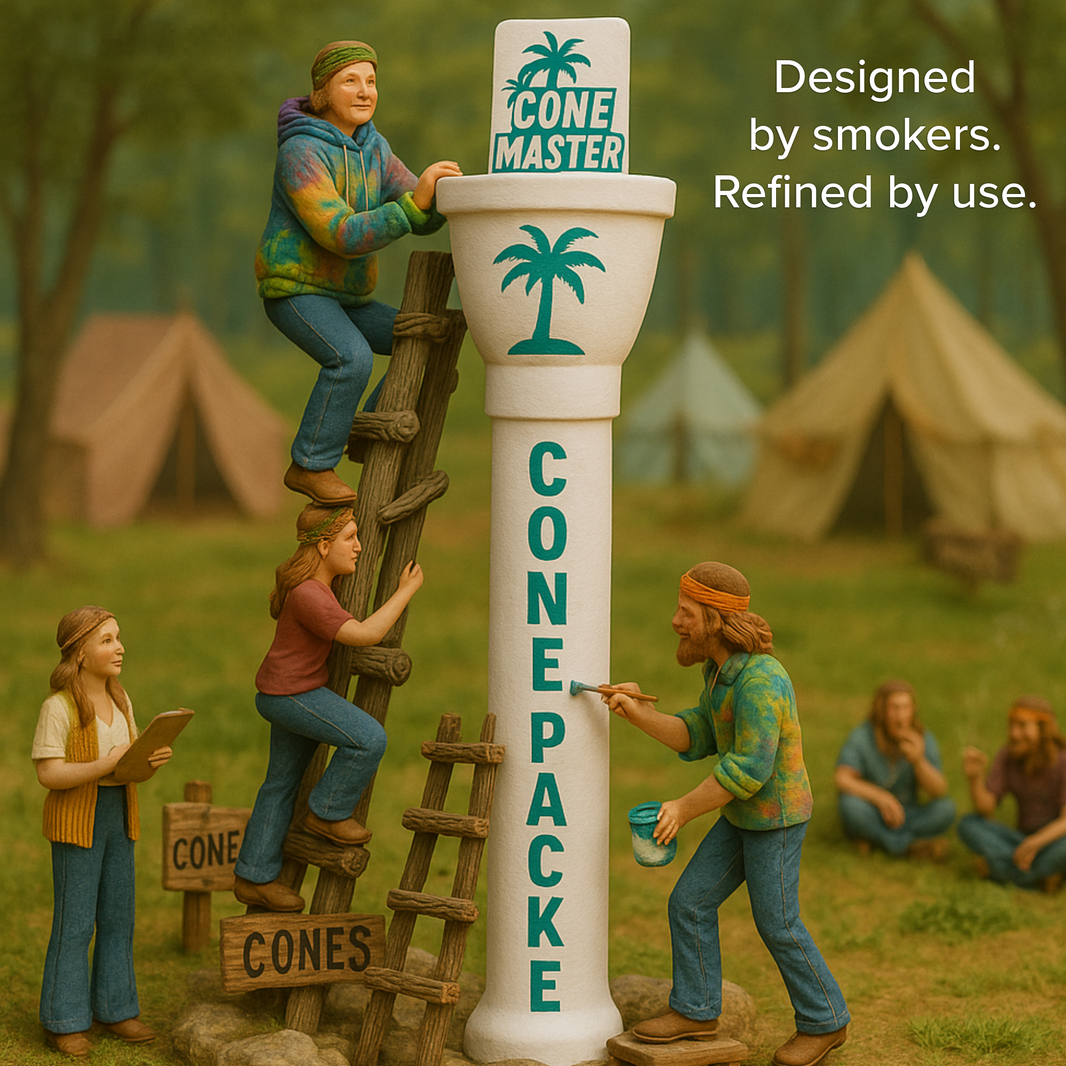Illustrated scene of people painting a giant Cone Master cone loader and packer with text Designed by smokers, refined by use