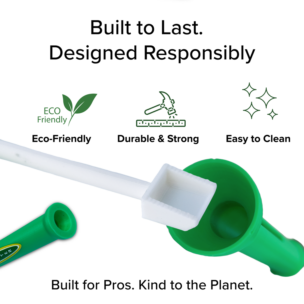 Green Cone Master cone loader and packer with scoop tool, text reads Built to last, Designed responsibly, Eco-Friendly, Durable and Strong, Easy to Clean, Built for Pros Kind to the Planet