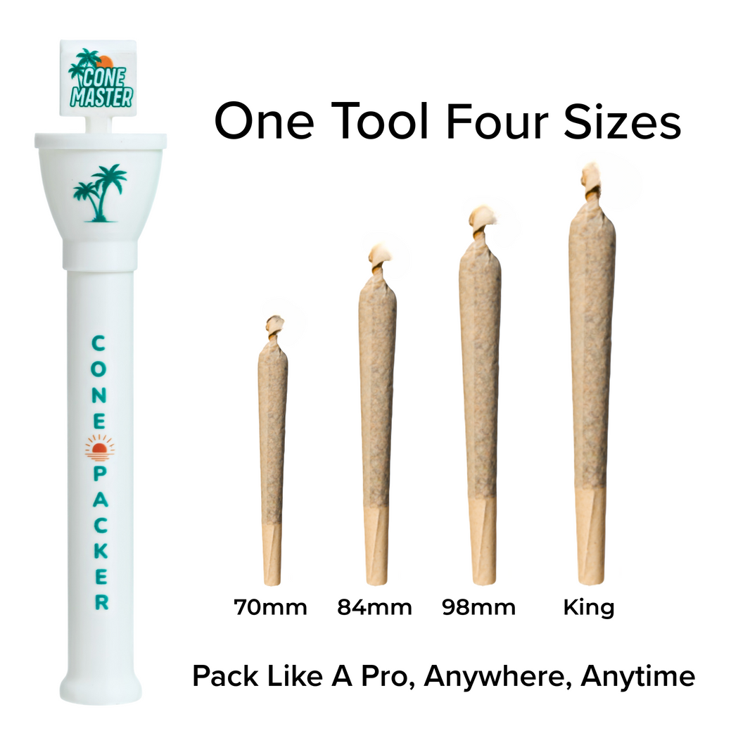 White Cone Master cone loader and packer with four pre-rolled cones in 70mm, 84mm, 98mm, and king size, text reads One tool four sizes and Pack like a pro anywhere anytime