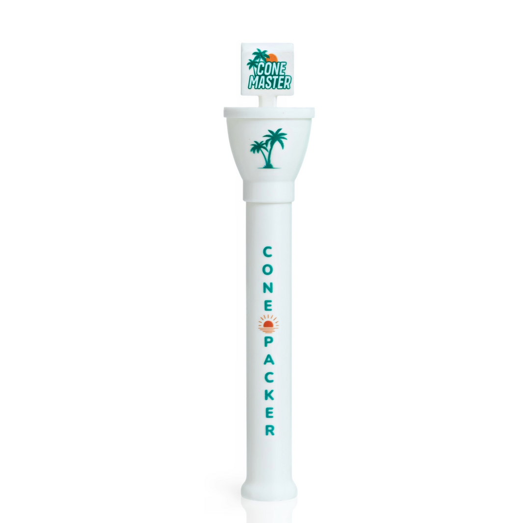 White Cone Master cone loader and packer with palm tree design, fits 70mm to king size cones