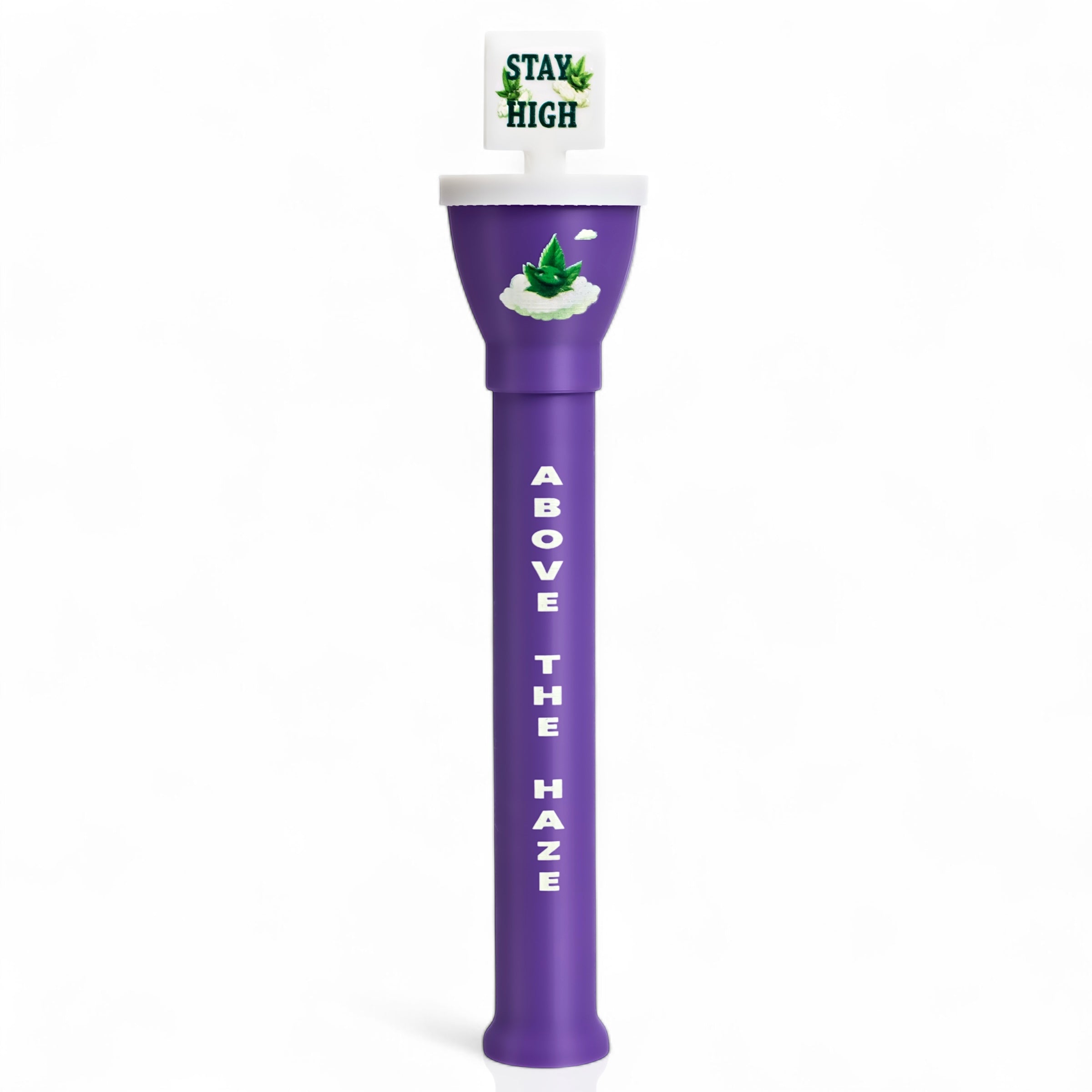 Cone Master cone loader Above The Haze edition in purple with white lettering, cannabis leaf in cloud graphic, and Stay High logo