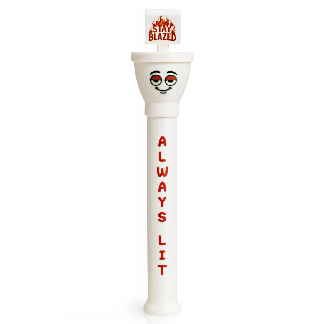 Front view of Always Lit Edition cone loader – white Cone Master with flame design and stoner-style branding.