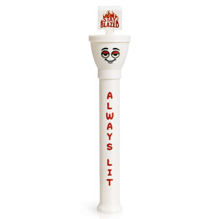 Front view of Always Lit Edition cone loader – white Cone Master with flame design and stoner-style branding.