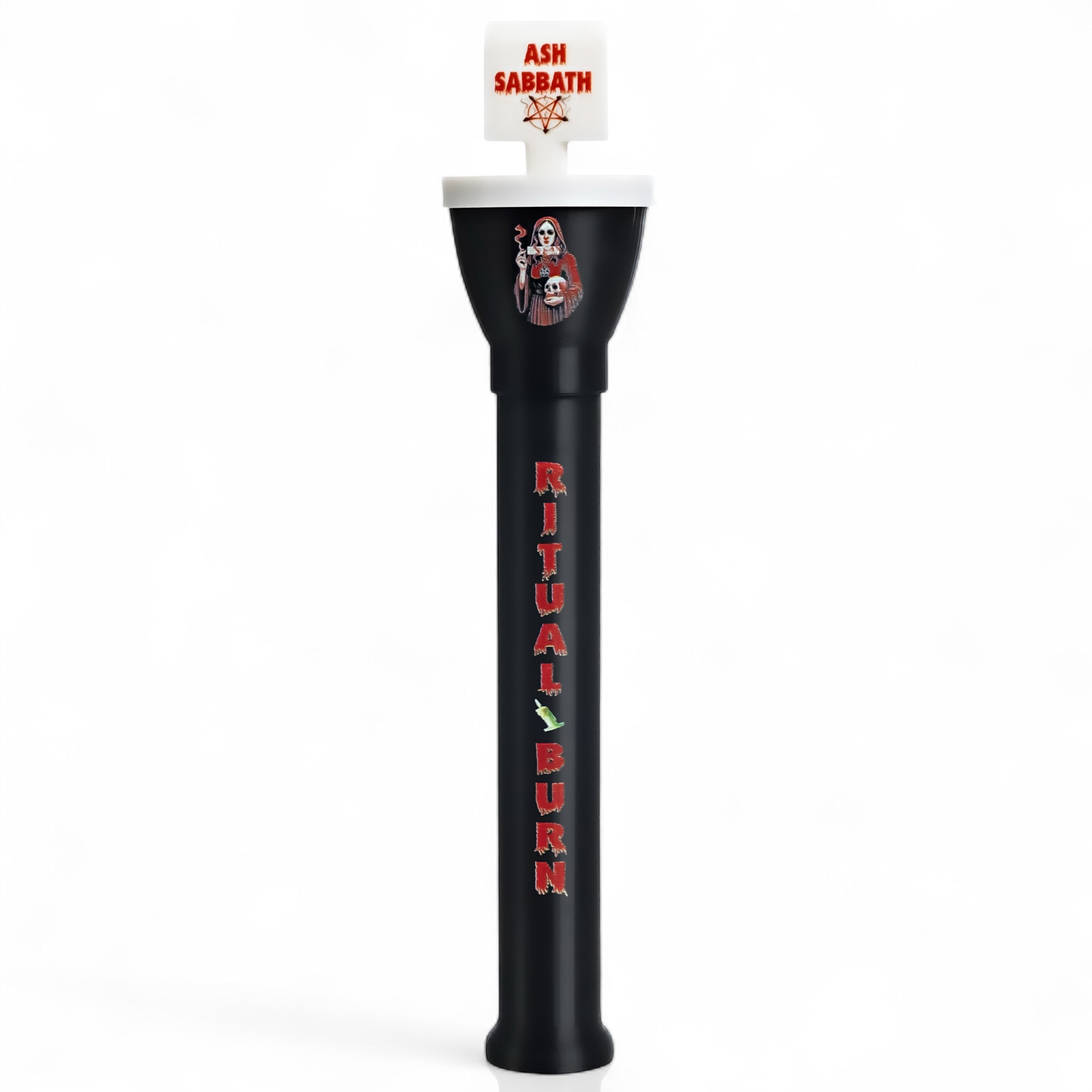 Front view of Ash Sabbath Edition cone loader – black Cone Master with grim reaper art and "Ritual Burn" text.