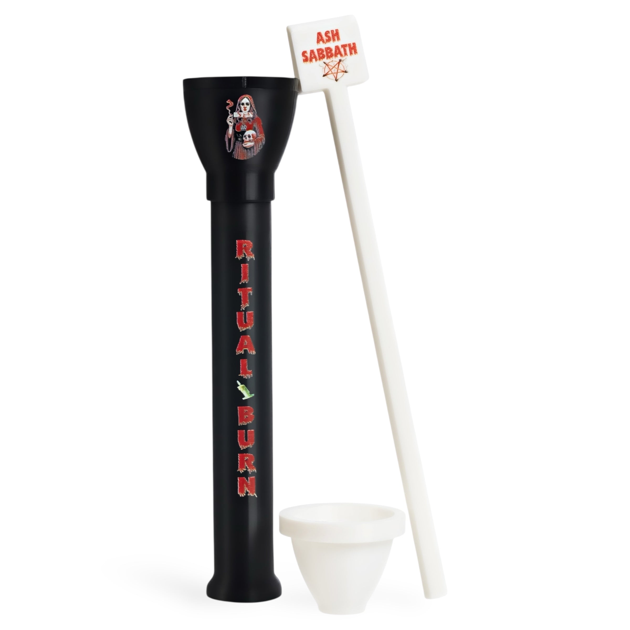 Full Ash Sabbath Edition cone loader kit – Cone Master, cone guard, and packer with gothic artwork.
