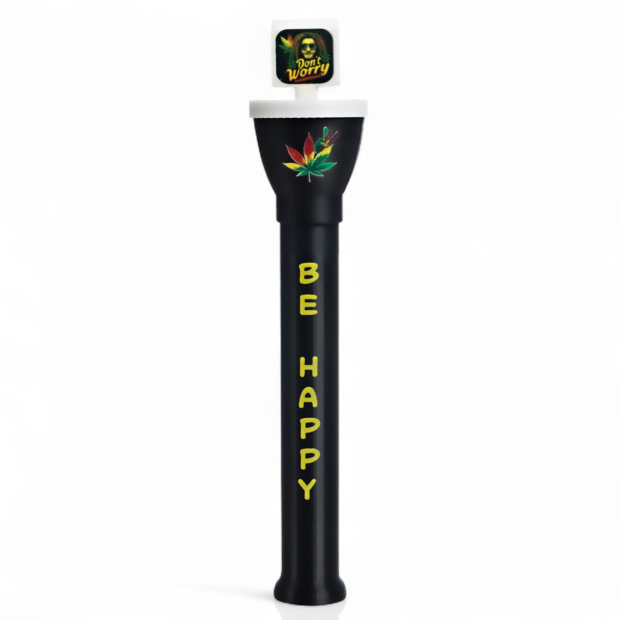 Front view of Don’t Worry Be Happy Edition cone loader – black Cone Master with cheerful branding and vertical slogan.