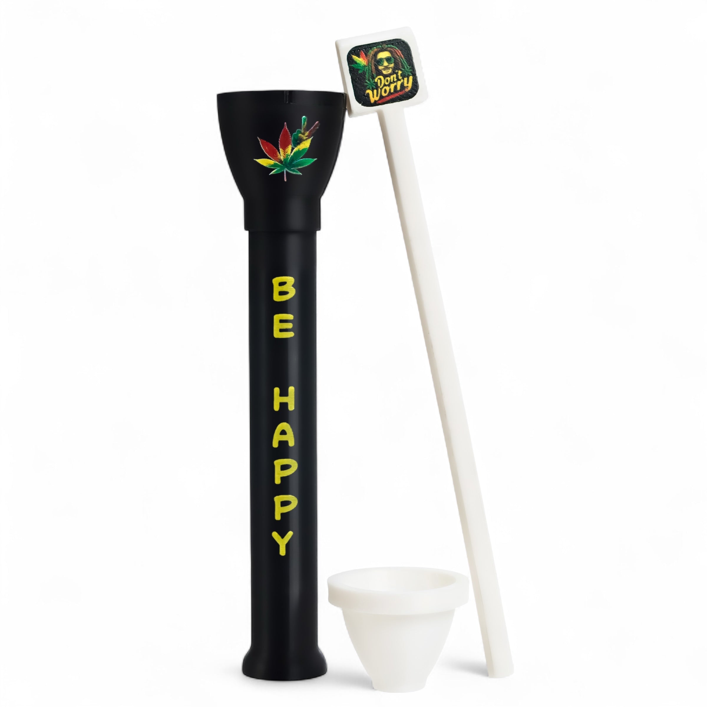 Full Don’t Worry Be Happy Edition cone loader kit – black Cone Master with cone guard and packer.