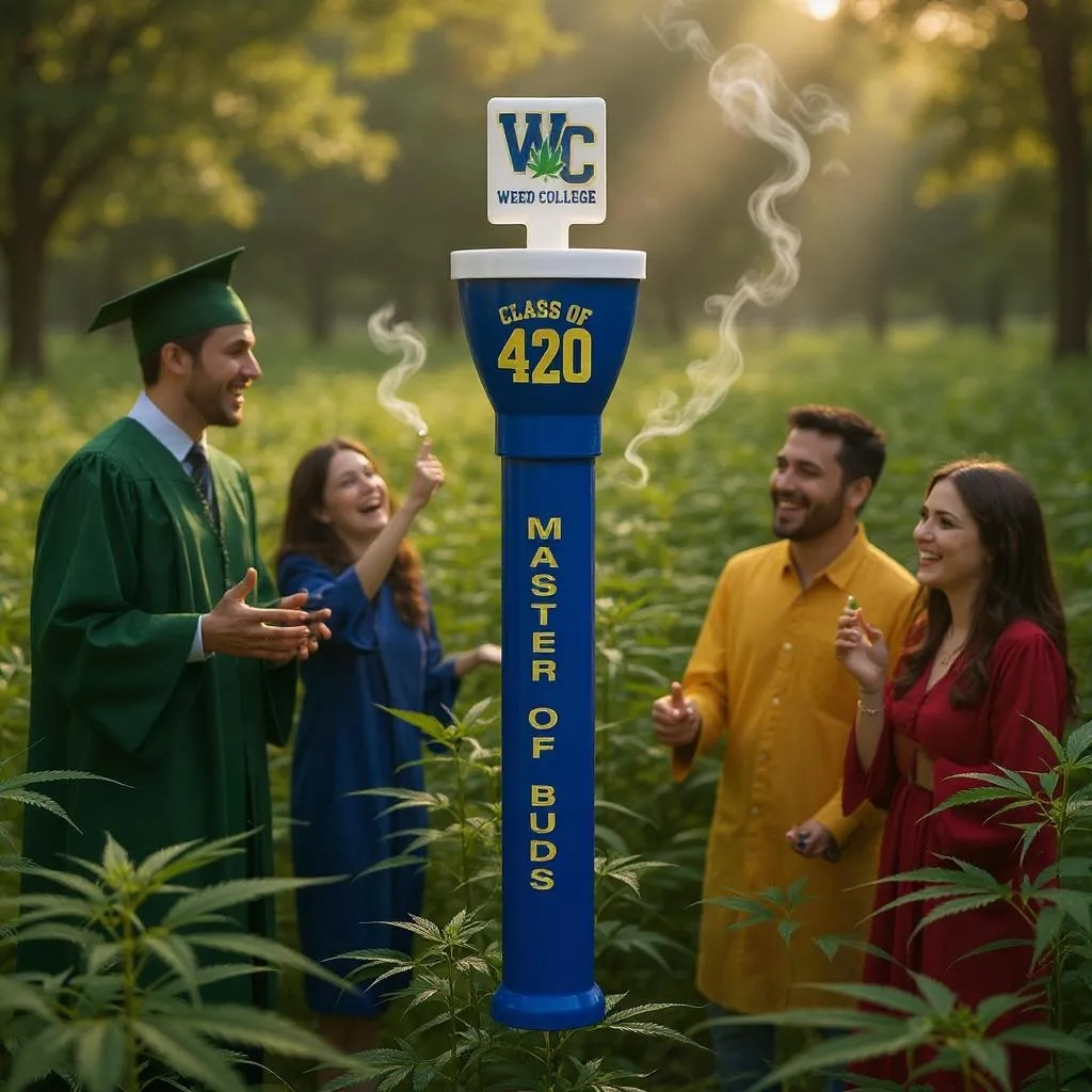 Master of Buds Edition cone loader – blue Cone Master marked “Class of 420” shown in a cannabis field with smiling graduates in colorful gowns.
