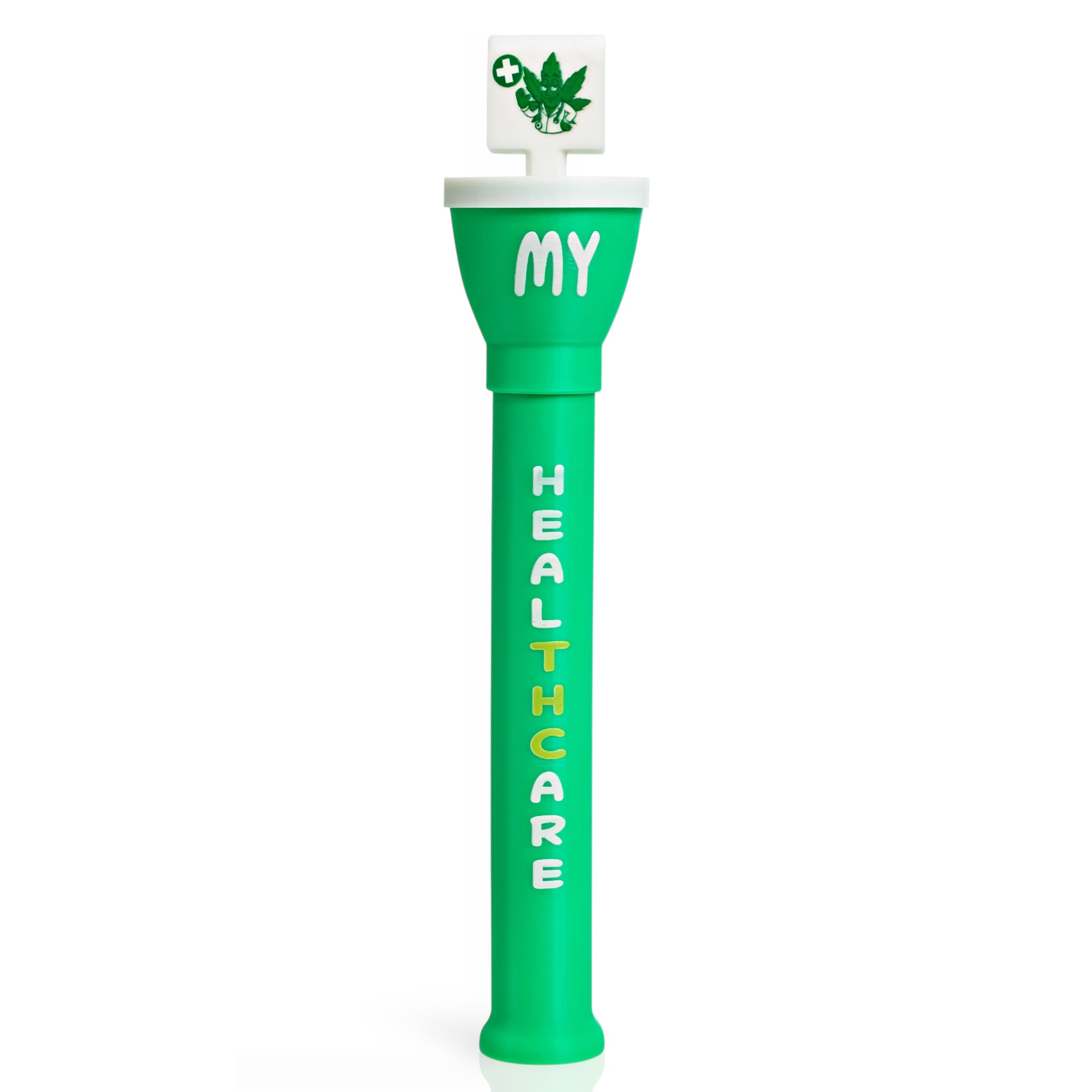 Cone Master cone loader My Healthcare edition in green with white and yellow lettering and cannabis leaf medical cross logo