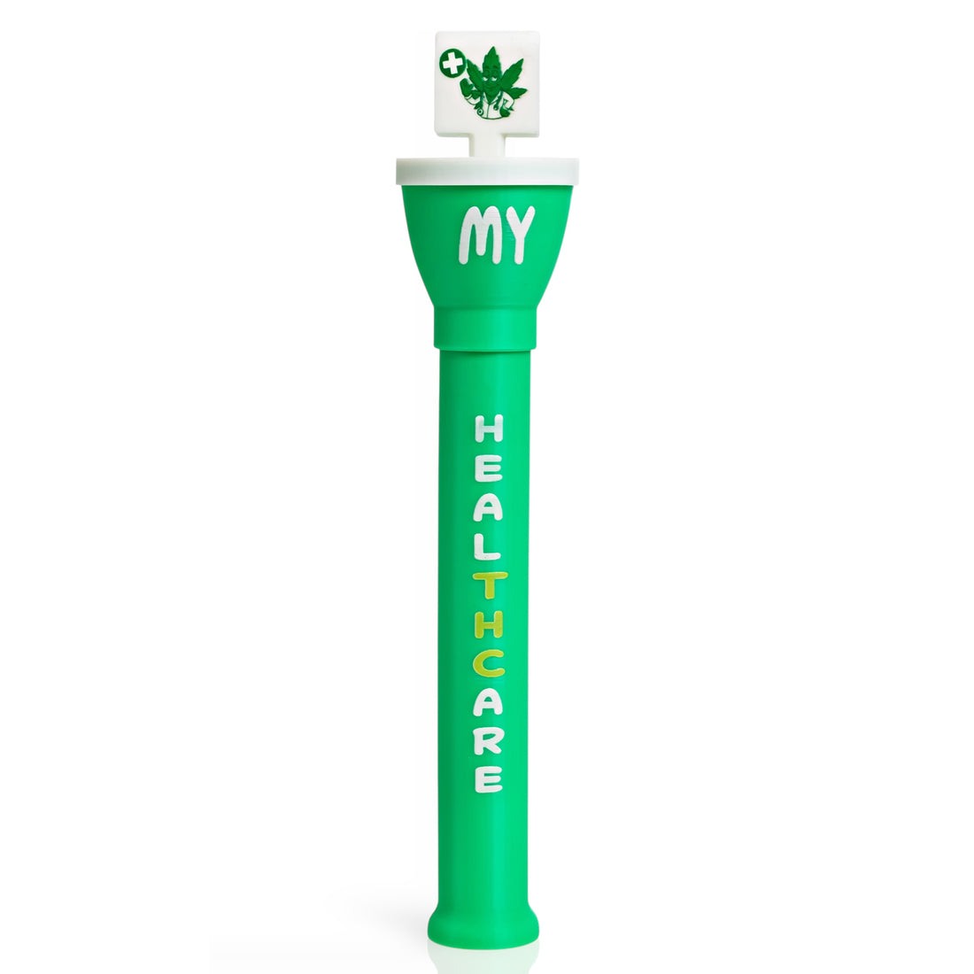 Cone Master cone loader My Healthcare edition in green with white and yellow lettering and cannabis leaf medical cross logo