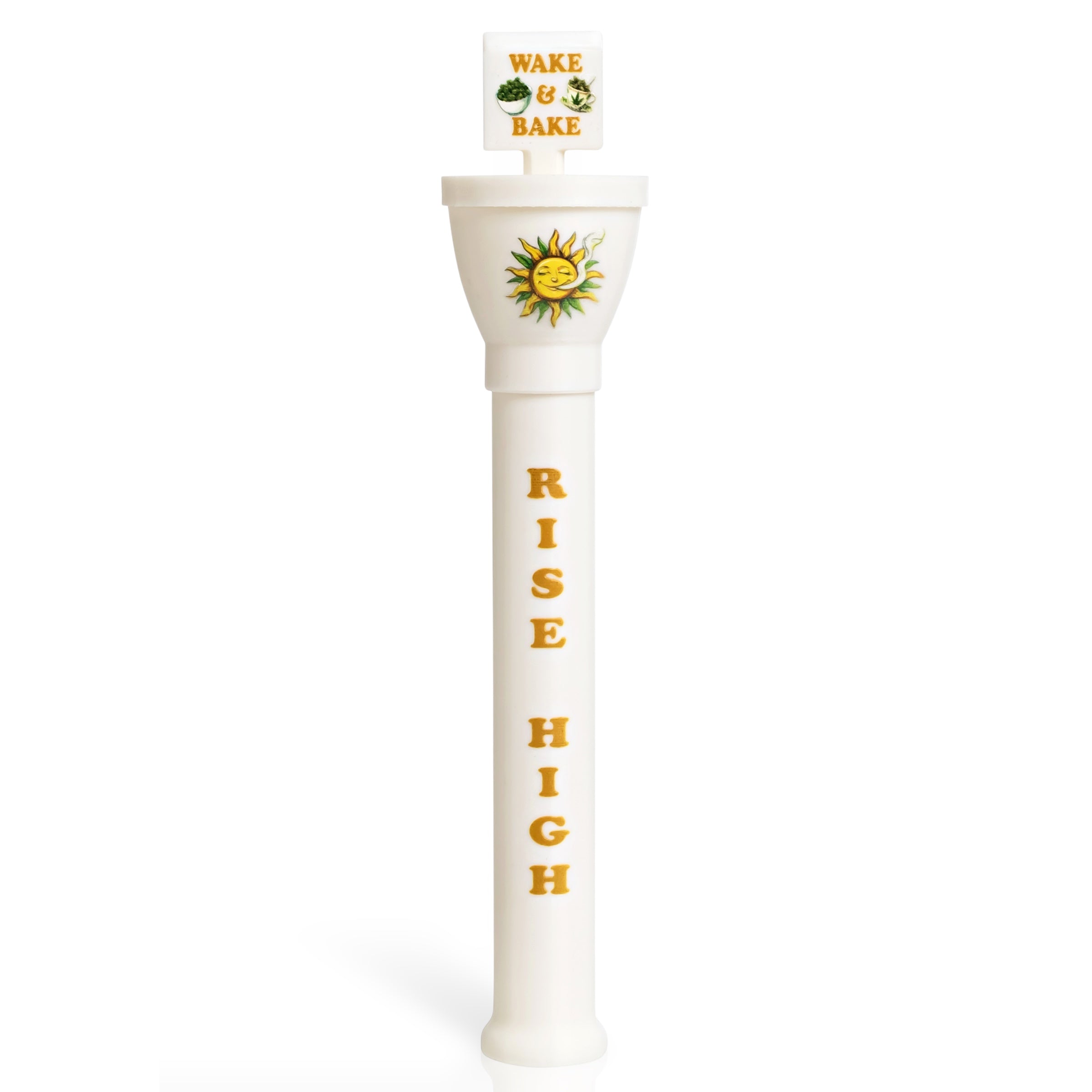 Front view of Wake and Bake Edition cone loader – white Cone Master with sun-themed design and relaxed slogan.