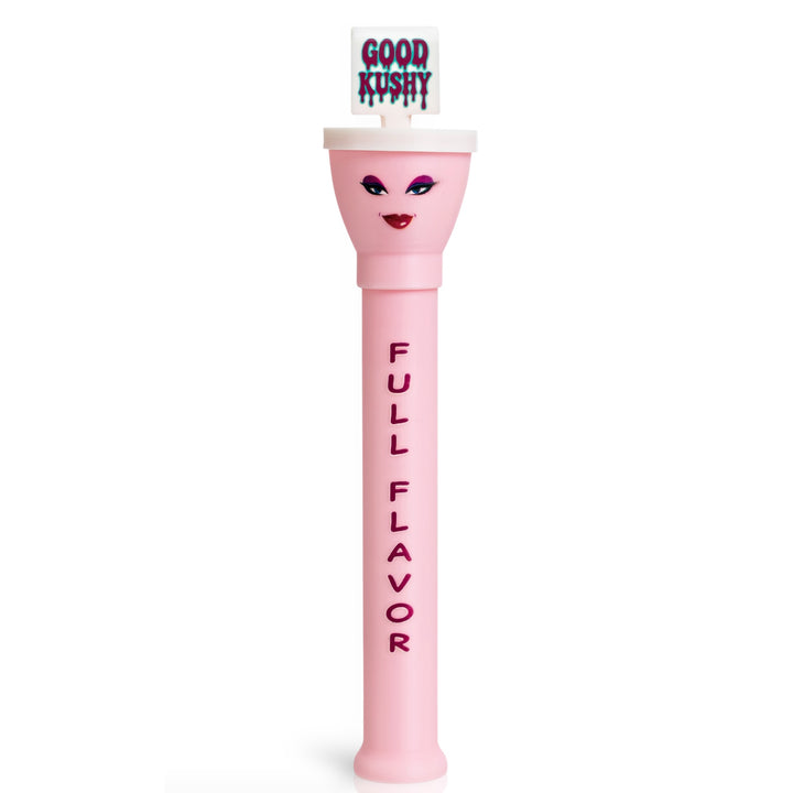 Cone Master cone loader Good Kushy edition in pink with purple lettering, illustrated female face, and Full Flavor text