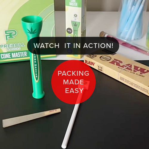 Green Cone Master cone loader and packer with scoop tool, pre-rolled cone, and packaging, text reads Watch it in action and Packing made easy