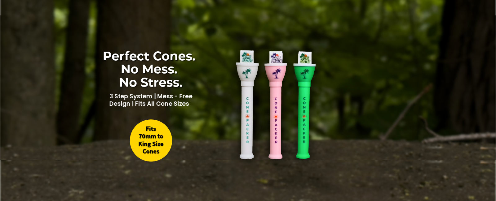 Cone Master cone loader and packer in white, pink, and green with text Perfect Cones No Mess No Stress, fits 70mm to king size cones