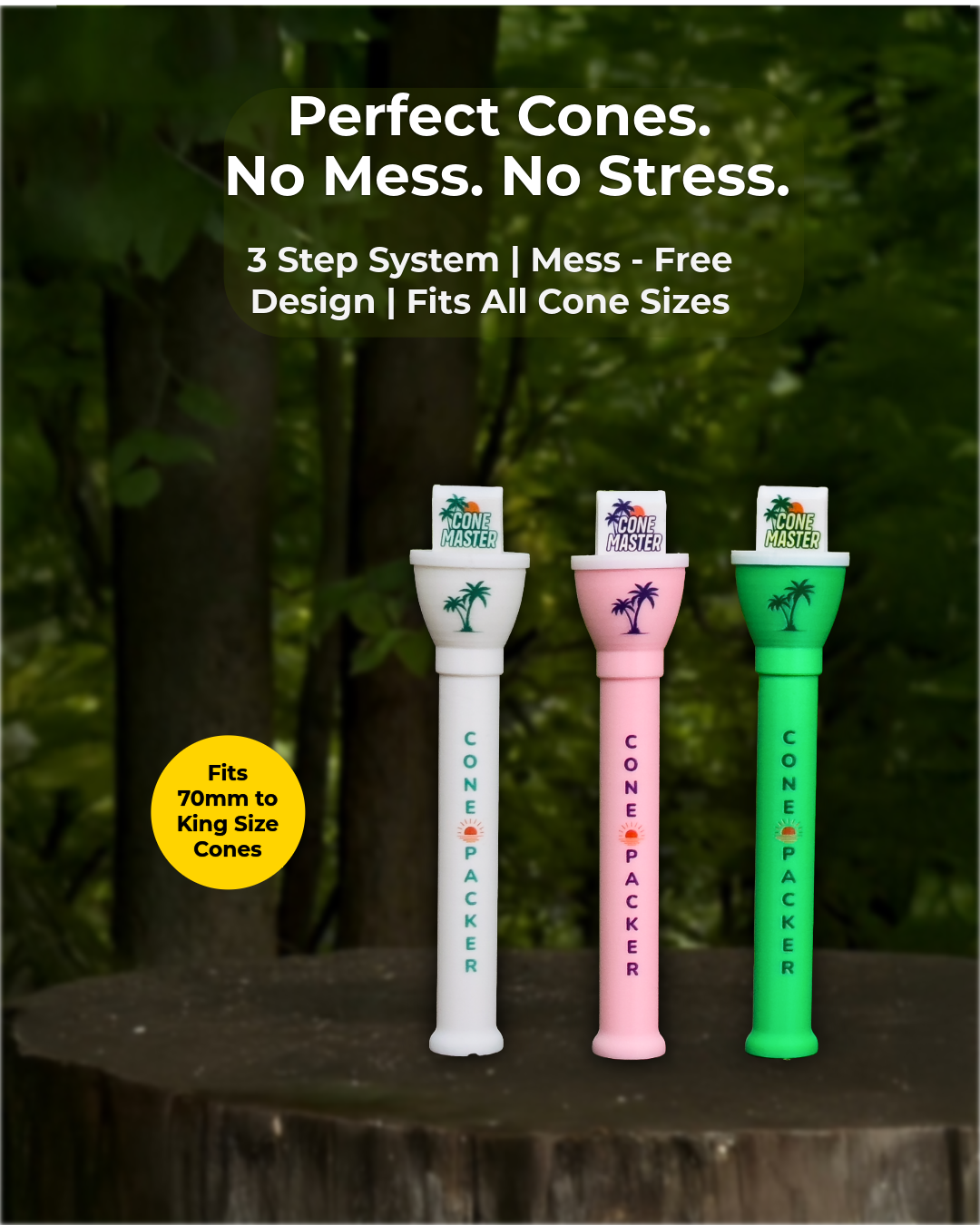 Three Cone Master cone loaders in white, pink, and green with branding on a natural background.